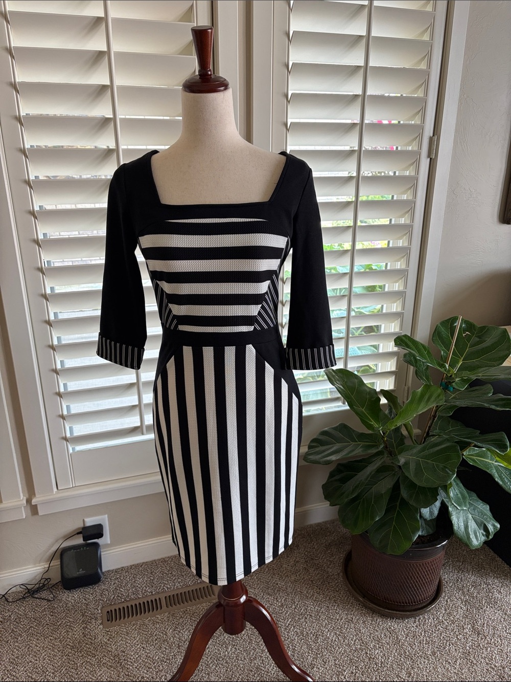 Black & White Striped Square-Neck Midi Dress